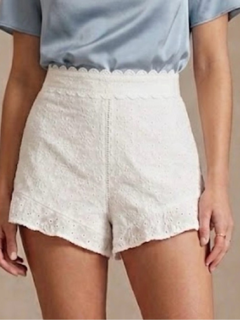 DO+BE White High-Waist Scalloped Eyelet Shorts